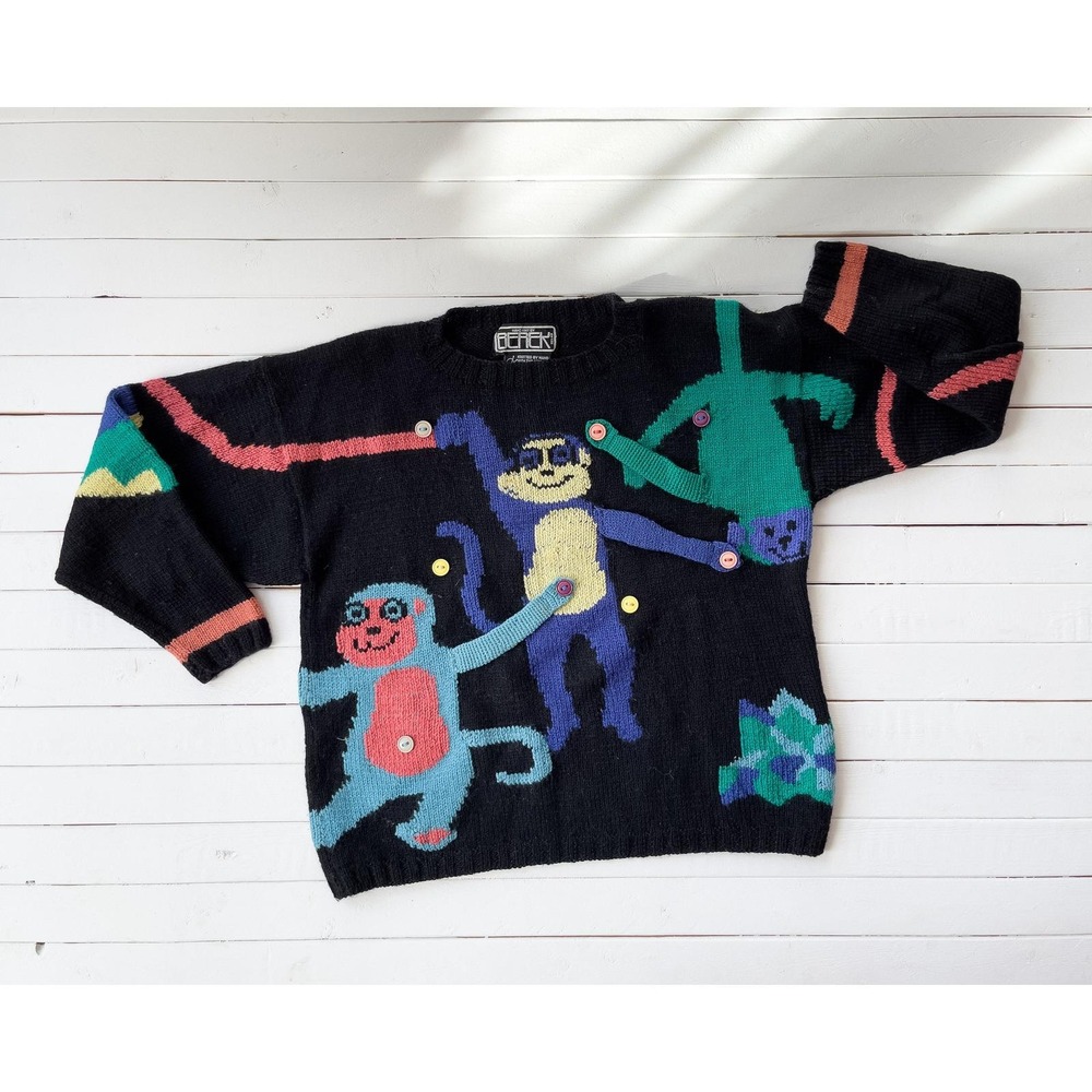 Berek wool sweater 80s 90s vintage black wool monkey banana novelty hand knit